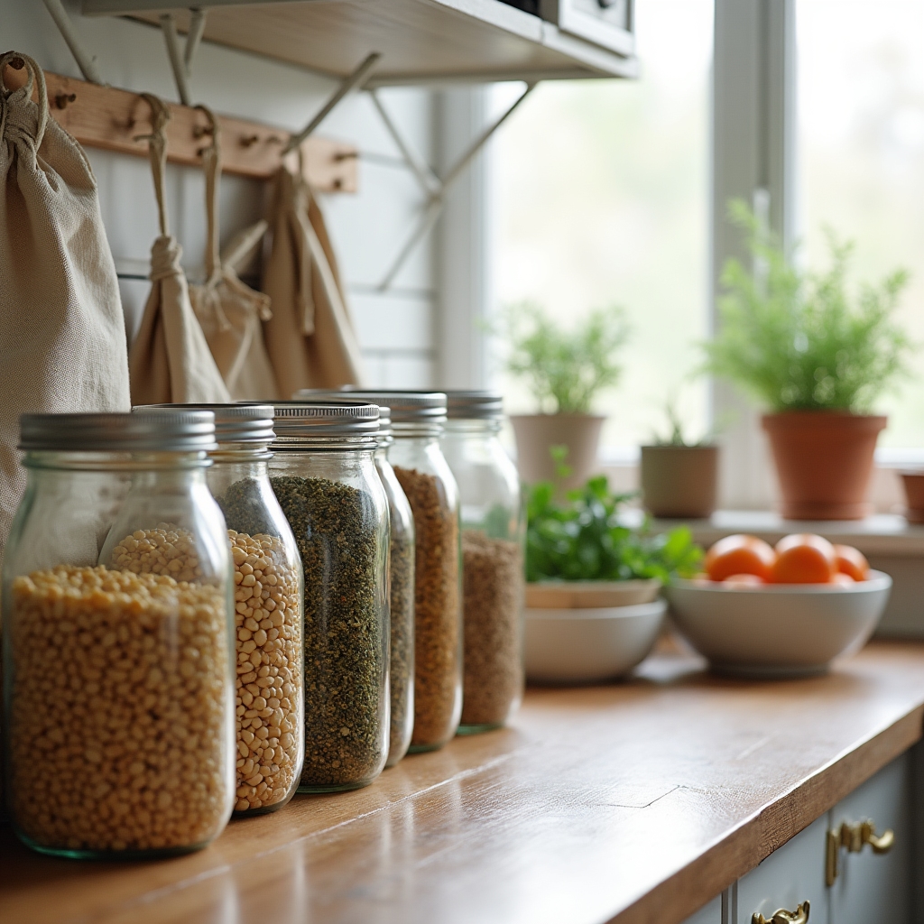 Zero waste uspořádání kuchyně s sklenicemi a látkovými sáčky